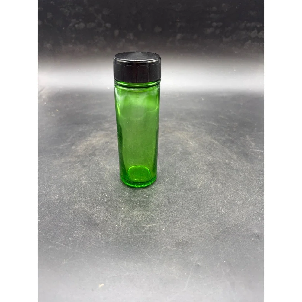 Vintage Emerald Green Glass Apothecary Jar Vial with Black Screw Lid 4 inch